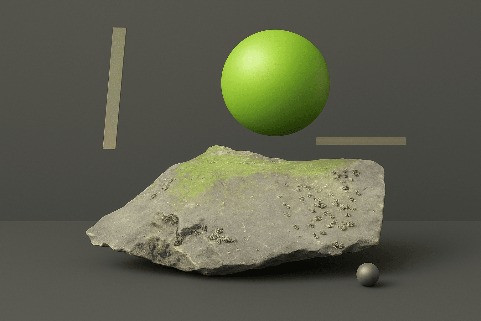 A moss-covered stone floating beneath a lime-green sphere in soft studio light