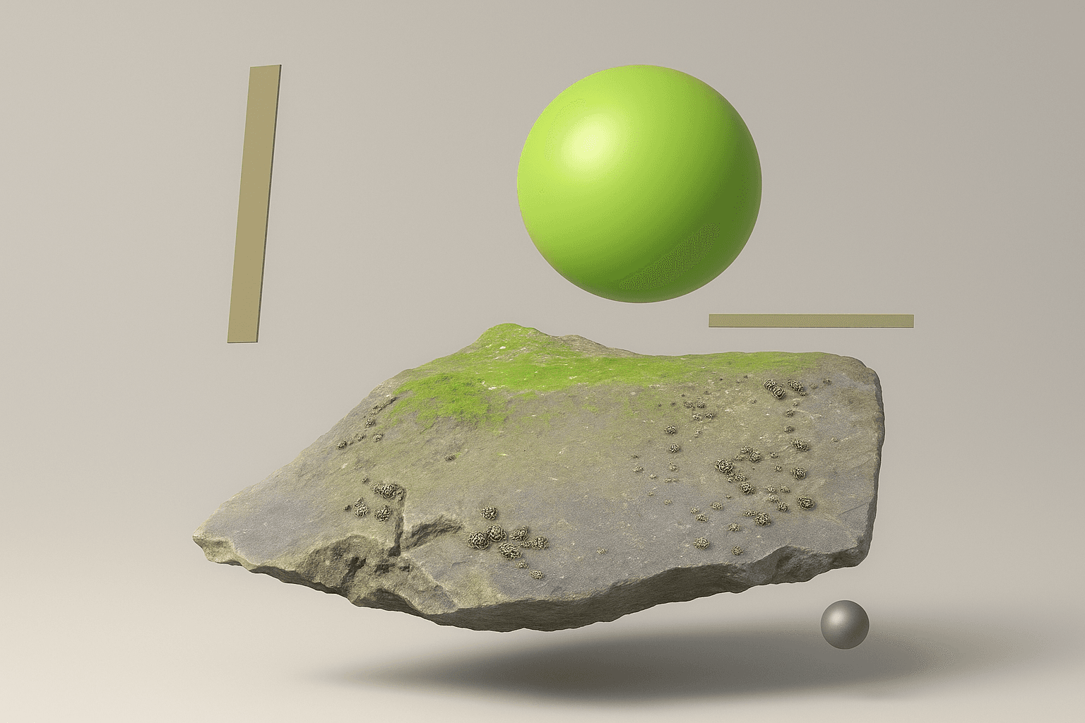The same moss-covered stone and lime-green sphere, now in bright daylight