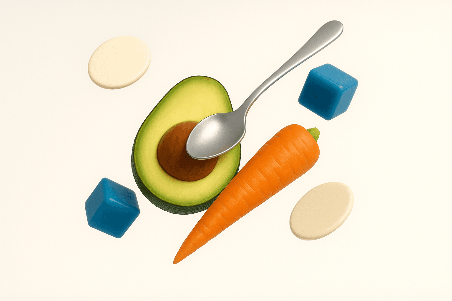 An avocado, a carrot and a spoon floating with soft blue cubes