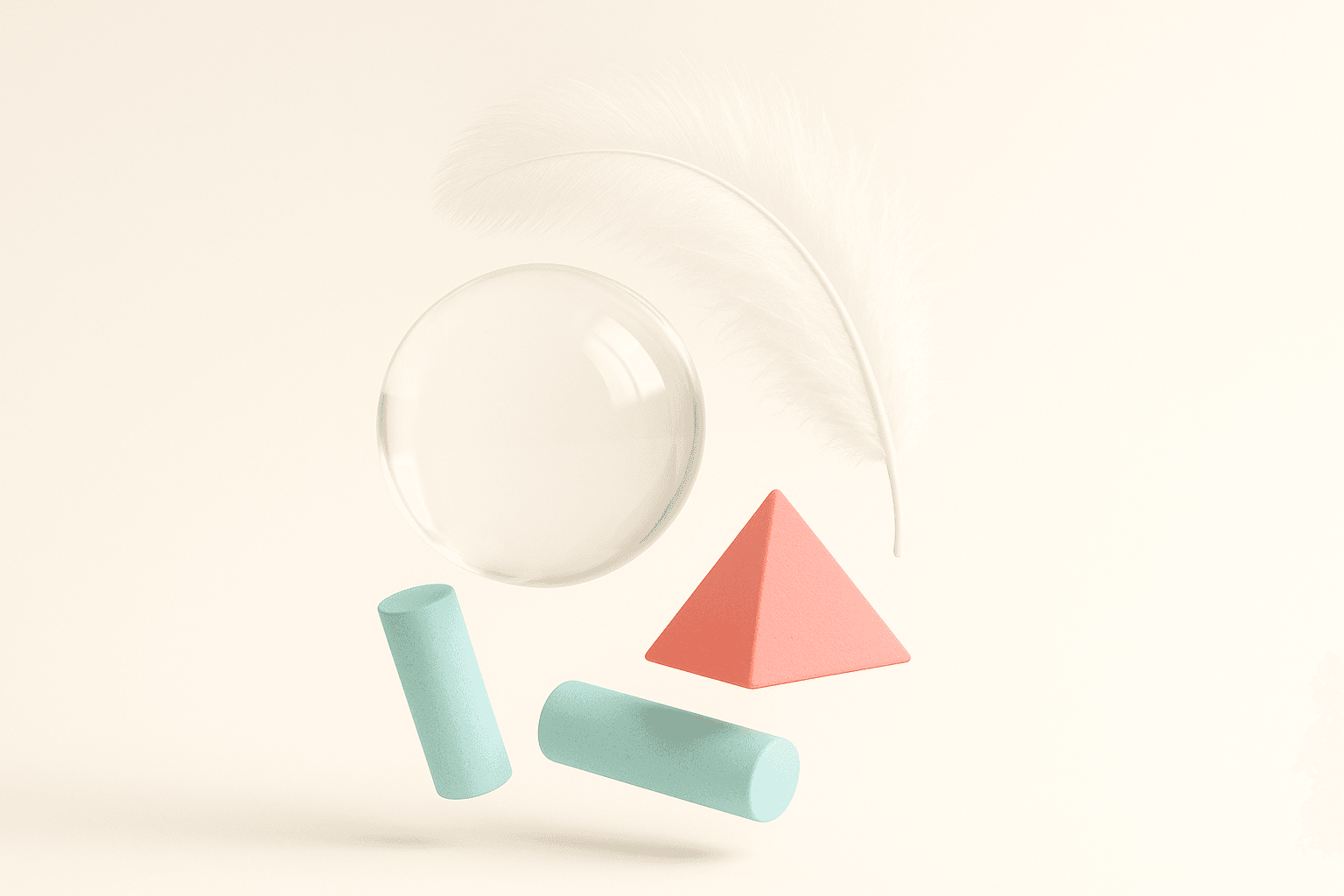 A glass sphere, a feather and pastel shapes resting in warm light